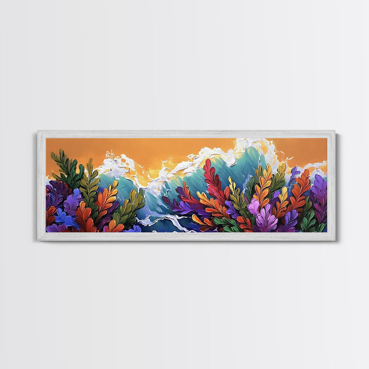 Ocean Blooms, Sunset Waves, Colorful Florals, Seaside Garden, Framed Canvas Print tropical living room wall art, coastal print
