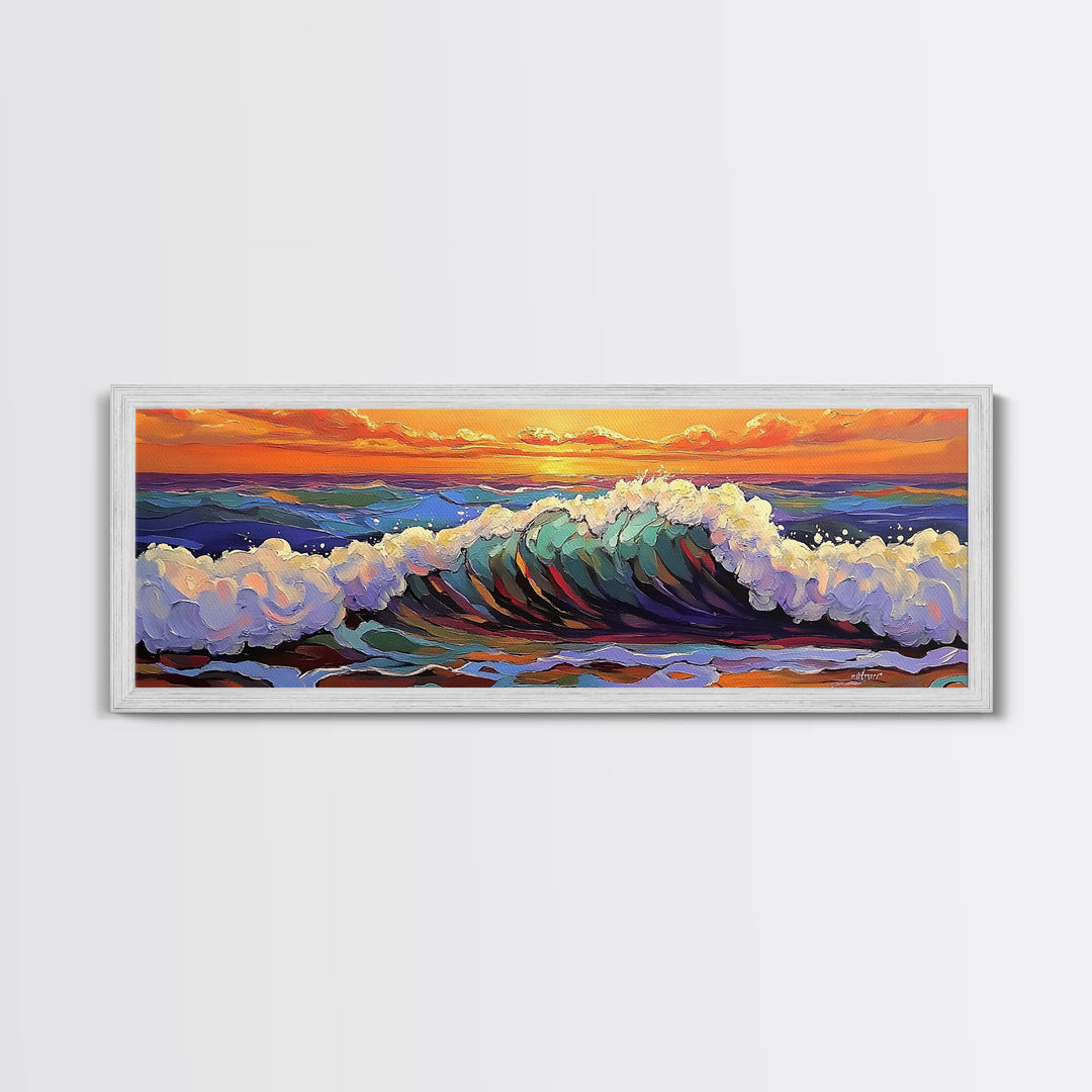 Breaking Wave Art, Sunset Ocean Surf, Bold Seaside Motion, Vibrant Coastal Palette, Framed Canvas Print, Bathroom Beach Decor