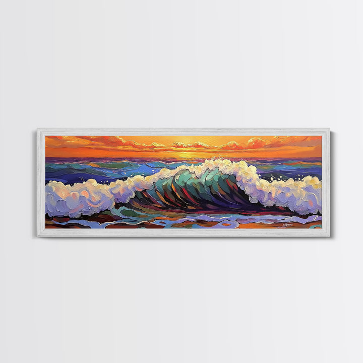 Breaking Wave Art, Sunset Ocean Surf, Bold Seaside Motion, Vibrant Coastal Palette, Framed Canvas Print, Bathroom Beach Decor