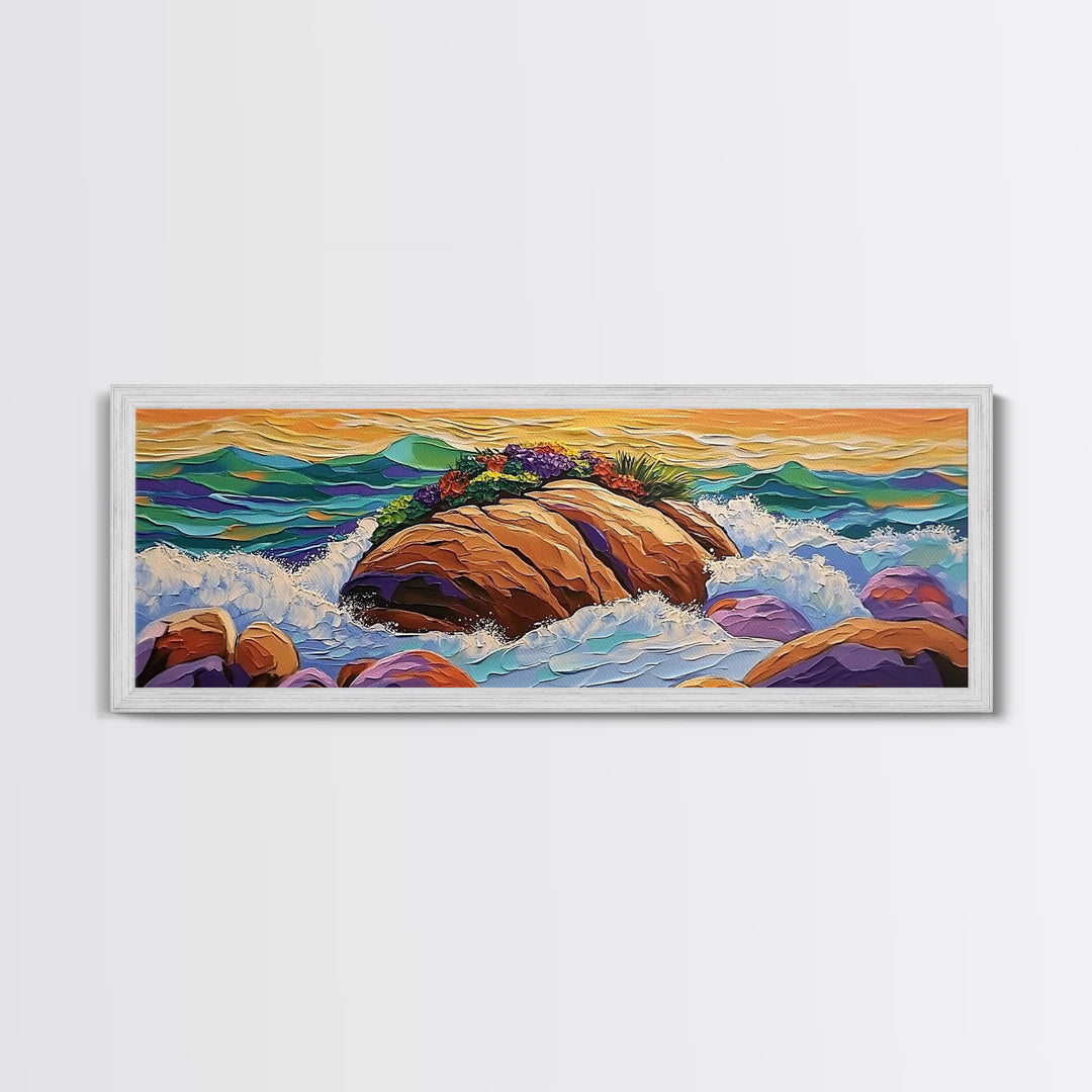 Rocky Shoreline Scene, Vibrant Sea Garden, Coastal Wave Power, Nature Texture Painting, Framed Canvas Print, Ocean Lover Wall Art