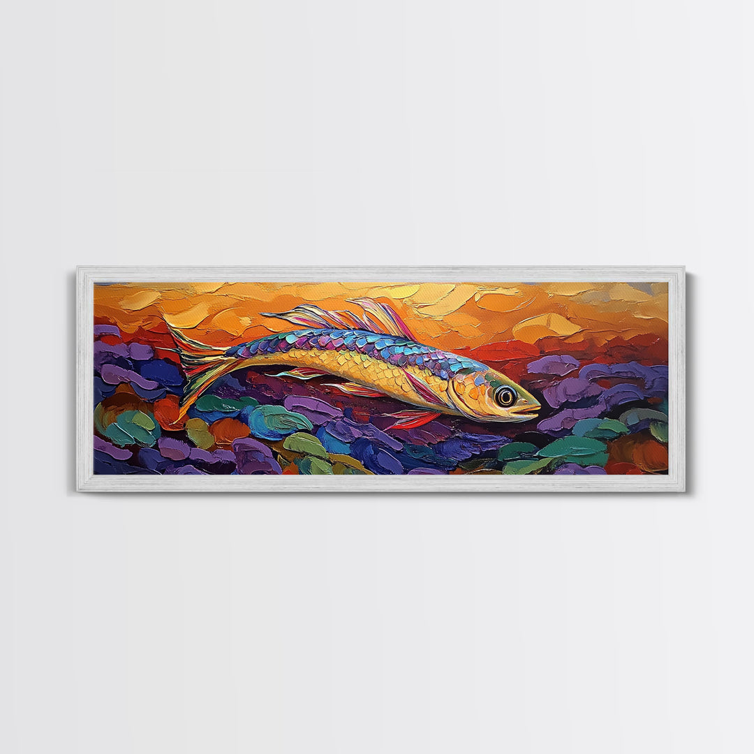 Colorful Fish Painting, Vibrant Sea Life, Abstract Ocean Creature, Marine Fantasy Style, Framed Canvas Print, Kids Room Underwater Art