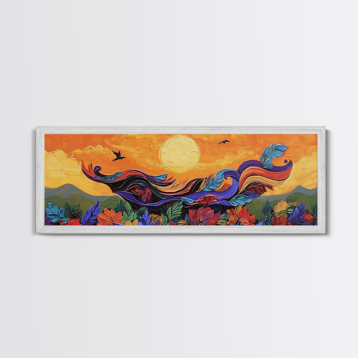 Abstract Bird, Flying Feathers, Bold Sunset, Canvas Print, Vibrant Boho Art, Living Room Statement Piece, Fall Color Palette