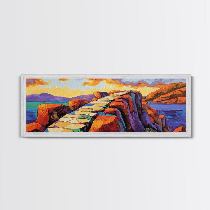 Rocky Coastal Path, Sunset Cliff Art, Vibrant Mountain Scene, Adventure Nature Decor, Framed Canvas Print, Fall Living Room Art