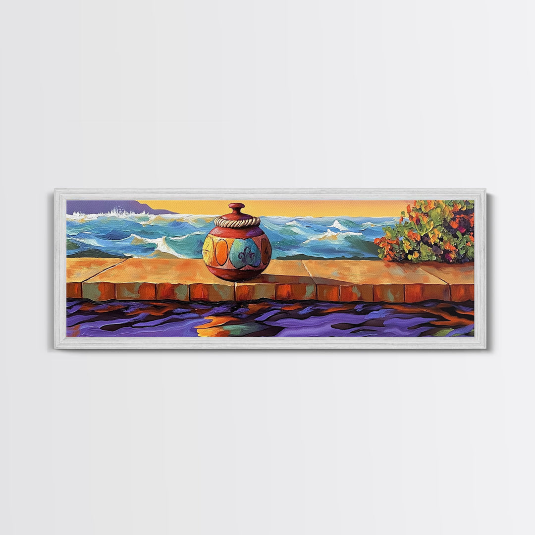 Ocean Vase Scene, Coastal Pottery Painting, Serene Sunset Dock, Beachfront Wall Style, Framed Canvas Print, Nautical Bathroom Art