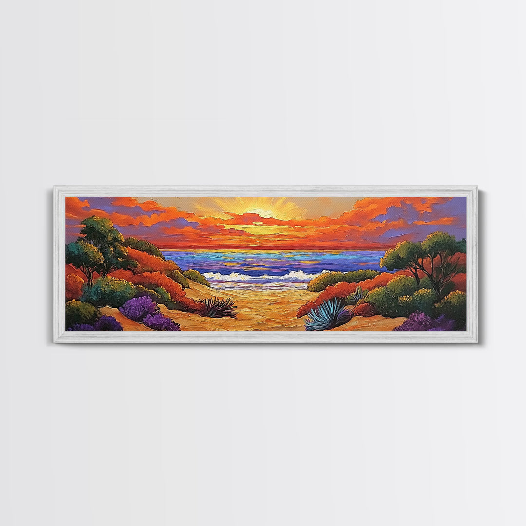 Autumn Sunset Path, Beach Trail Art, Vibrant Landscape, Framed Canvas Print, Fall Home Decor, Coastal Living Room Wall Art, Boho Art