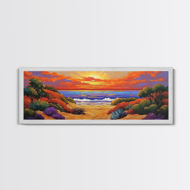 Autumn Sunset Path, Beach Trail Art, Vibrant Landscape, Framed Canvas Print, Fall Home Decor, Coastal Living Room Wall Art, Boho Art