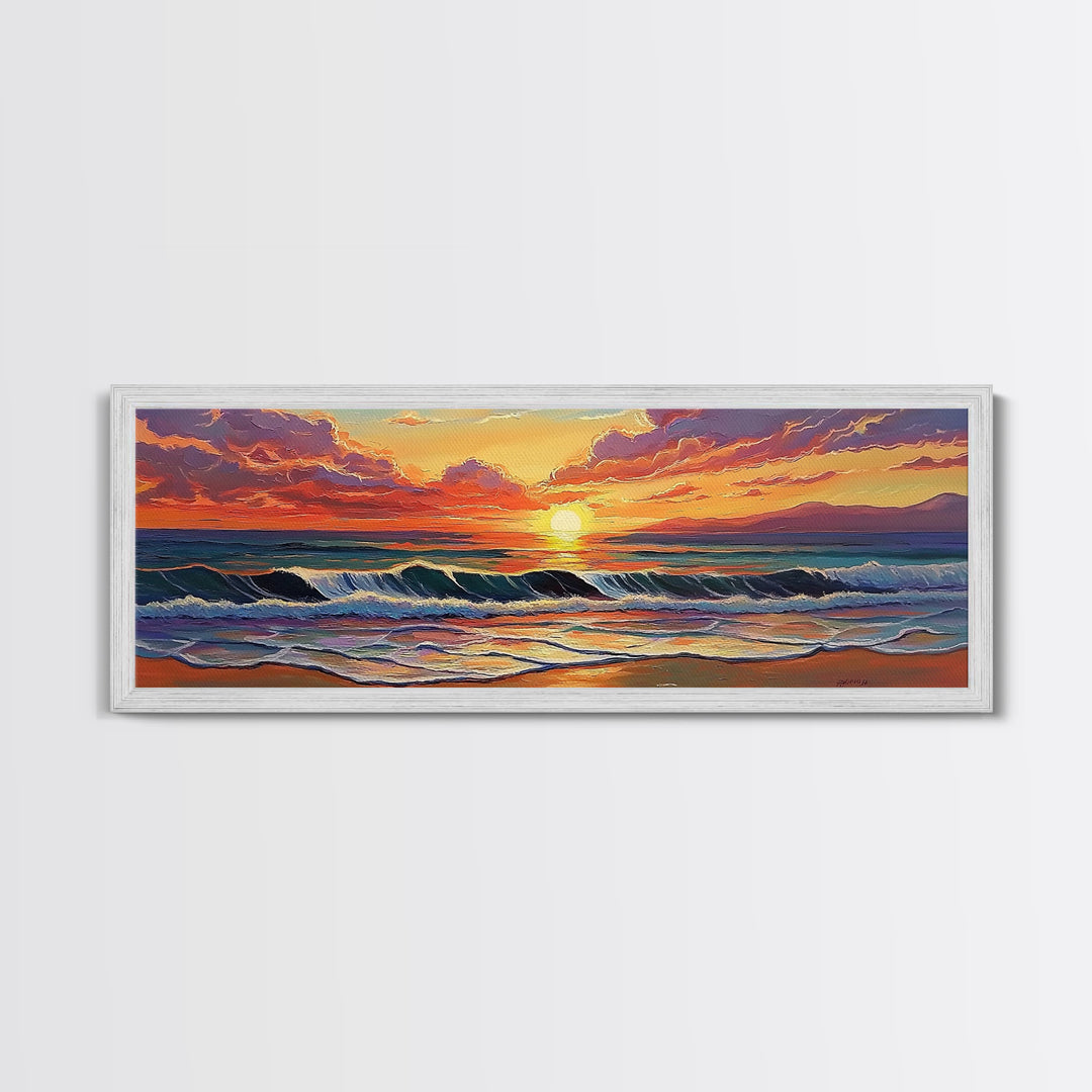 Crashing Sunset Waves, Ocean Horizon Art, Coastal Abstract Painting, Framed Canvas Print, Colorful Living Room Wall Art, Beach Vibes