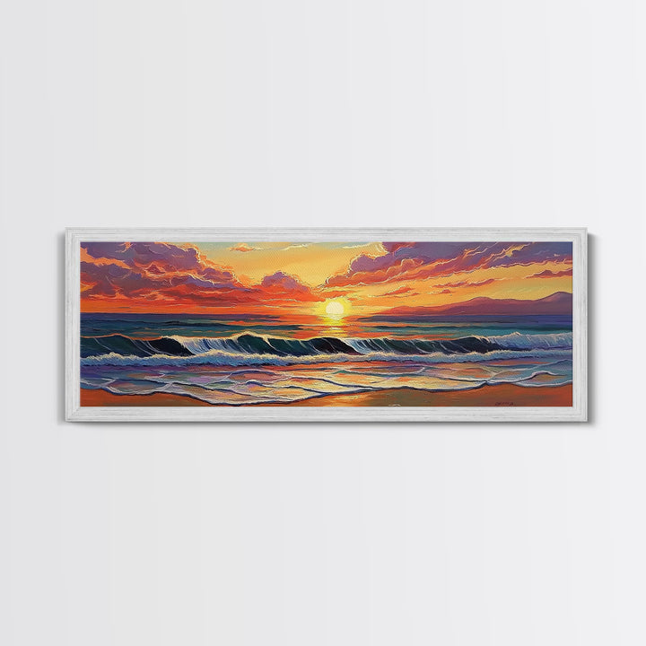 Crashing Sunset Waves, Ocean Horizon Art, Coastal Abstract Painting, Framed Canvas Print, Colorful Living Room Wall Art, Beach Vibes