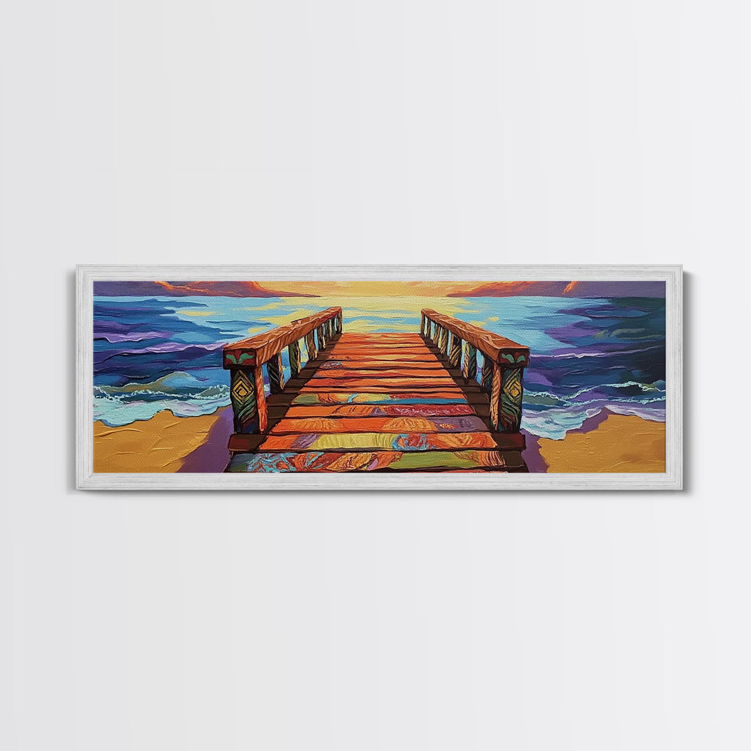 Colorful Pier, Sunset View, Ocean Dock, Serene Shoreline, Framed Canvas Print, Beach House Wall Art, Coastal Landscape Painting