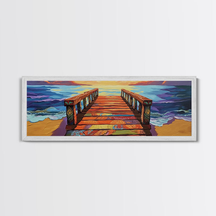 Colorful Pier, Sunset View, Ocean Dock, Serene Shoreline, Framed Canvas Print, Beach House Wall Art, Coastal Landscape Painting