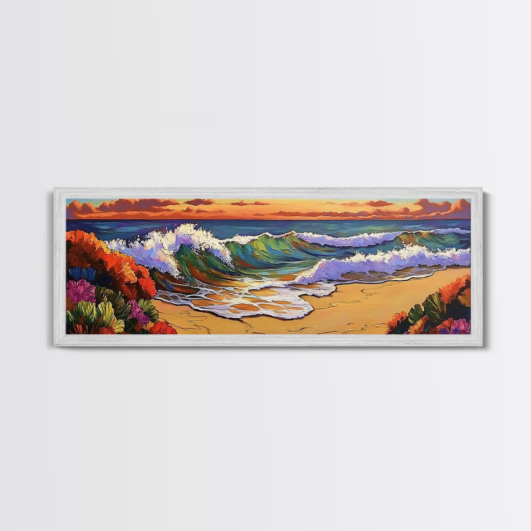 Ocean Curl, Autumn Surf, Sunset Beach, Floral Waves, Framed Canvas Print, Living Room Wall Art, Fall Coastal Painting, Bold Decor