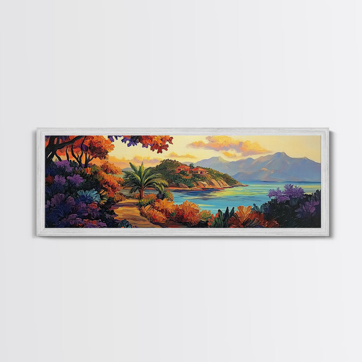 Island Retreat, Ocean View, Palm Trees, Colorful Foliage, Framed Canvas Print, tropical wall art, boho living room accent piece