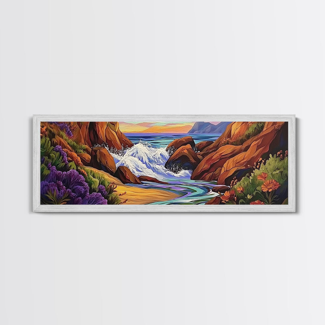 Rocky Shore, Ocean Splash, Sunset Cove, Botanical Scene, Framed Canvas Print, vibrant coastal wall art, beach bathroom decor, ocean vibe