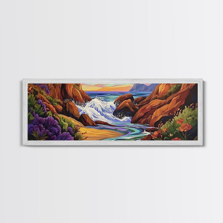 Rocky Shore, Ocean Splash, Sunset Cove, Botanical Scene, Framed Canvas Print, vibrant coastal wall art, beach bathroom decor, ocean vibe