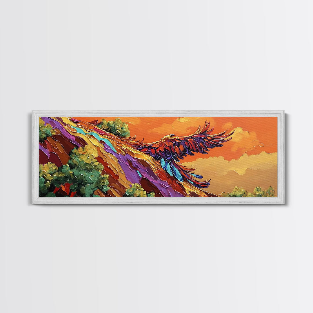 Phoenix Soar, Sunset Flight, Bold Nature, Uplifting Vibes, Framed Canvas Print, Boho Office Wall Art, Inspirational Bird Painting
