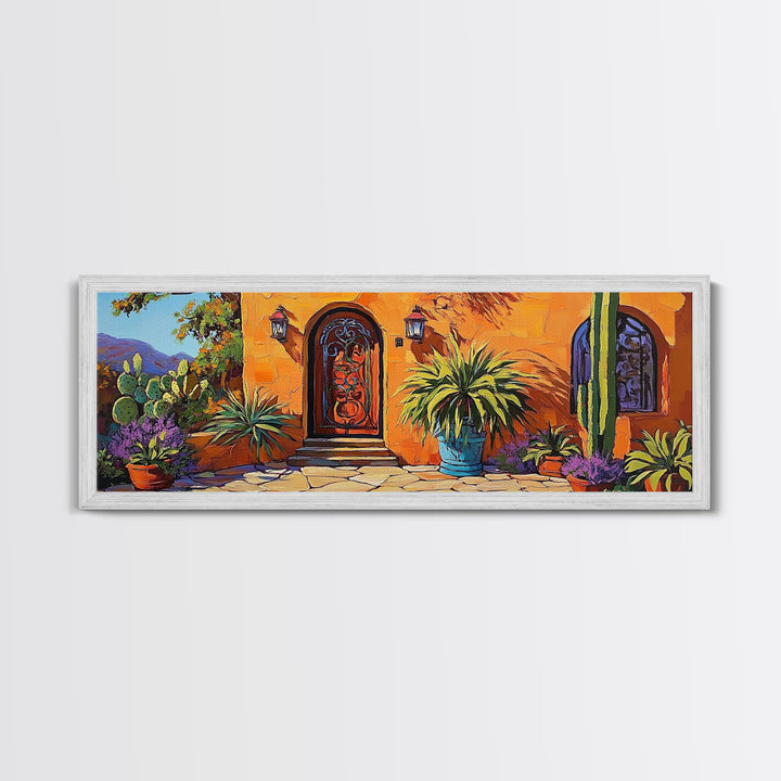 Desert Doorway, Cactus House, Warm Entryway, Framed Canvas Print, Southwest Wall Art, Rustic Kitchen Decor, Boho Style Exterior Scene