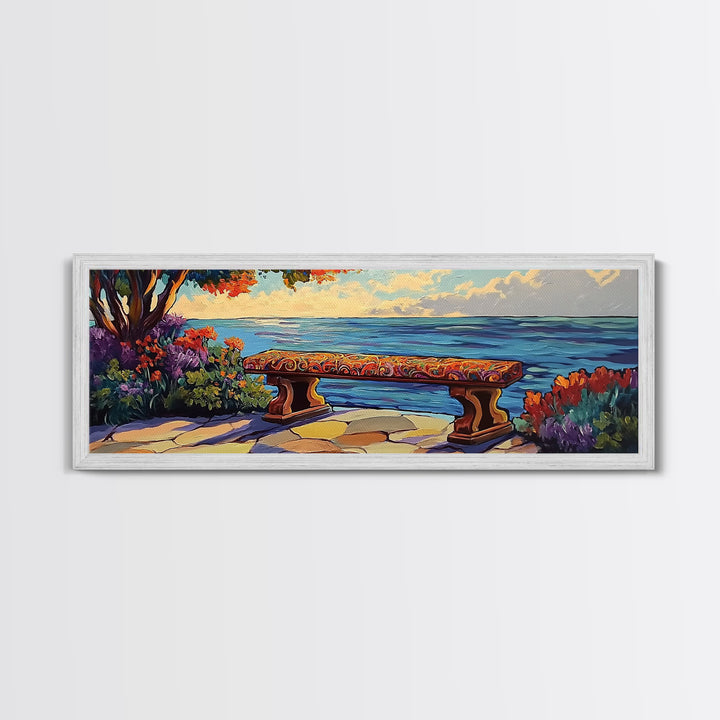 Ocean Bench Scene, Tranquil Moment, Sunset by Sea, Nature Retreat, Canvas Print, Beach House Decor, Impressionist Coastal Wall Art