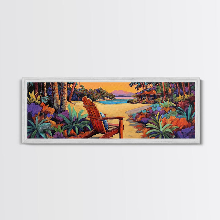 Peaceful Beach Chair, Vibrant Sunset Retreat, Tropical Escape Wall Art, Framed Canvas Print, Vacation Home Decor, Boho Island Artwork