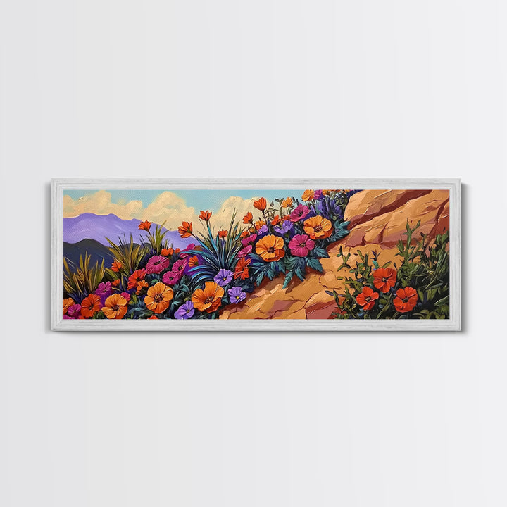 Coastal Flowers, Sunset Hillside, Wildflower Art, Framed Canvas Print, Vibrant Landscape Wall Decor, Living Room Boho Wall Art