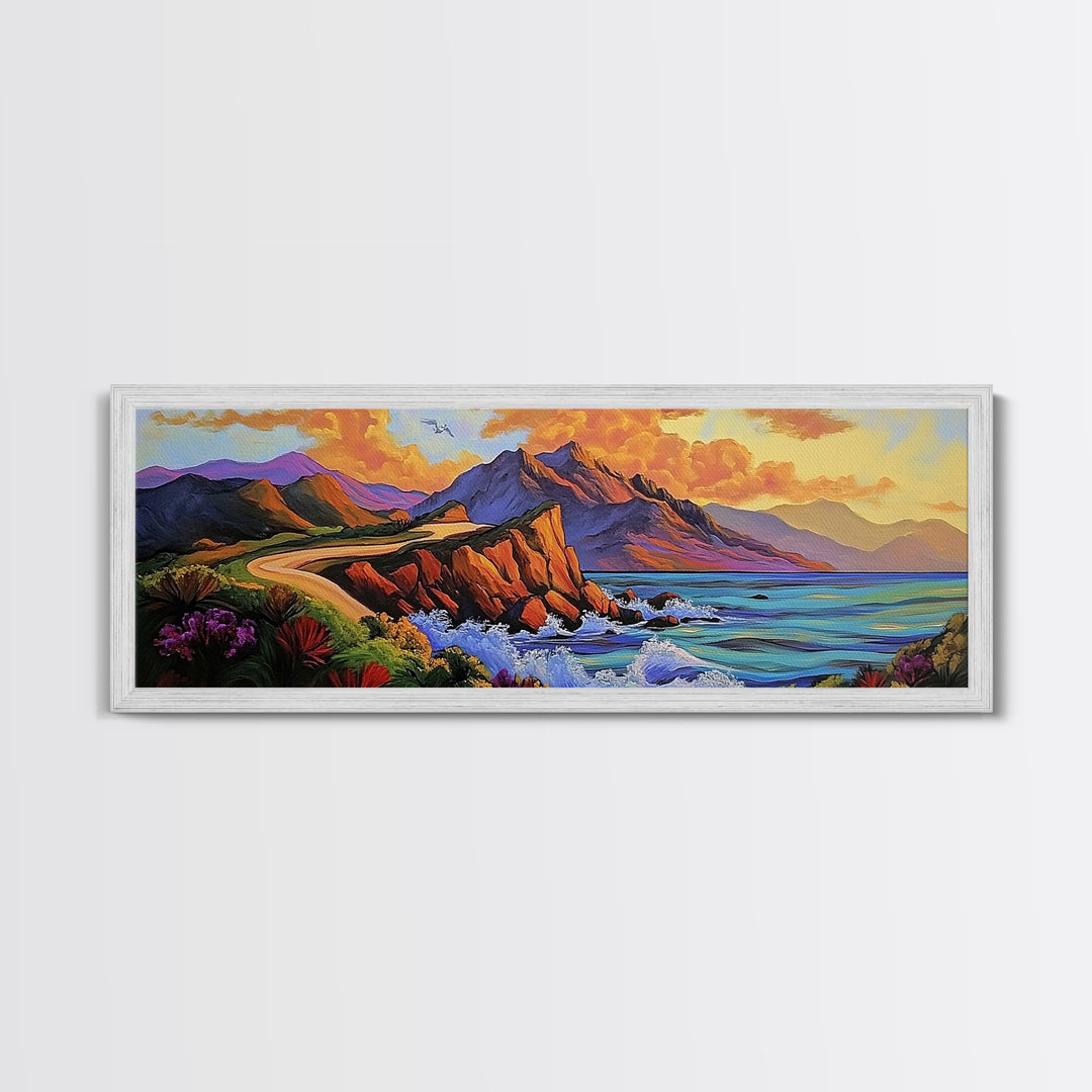 Cliffside Drive, Sunset Coast, Dramatic Ocean Scene, Framed Canvas Print, Coastal Wall Art, Office Accent Art, Bold Color Landscape