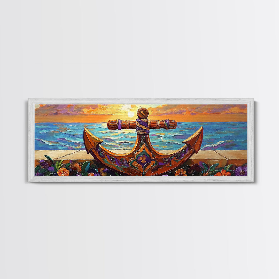 Anchor Seaside Art, Nautical Sunset, Framed Canvas Print, Coastal Home Decor, Ocean Lover Gift, Beach Living Room Wall Art