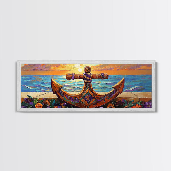 Anchor Seaside Art, Nautical Sunset, Framed Canvas Print, Coastal Home Decor, Ocean Lover Gift, Beach Living Room Wall Art