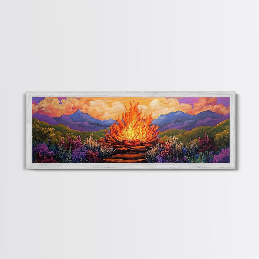 Dramatic Bonfire Night, Vibrant Flame in Hills, Scenic Nature Wall Art, Framed Canvas Print, Fall Lodge Decor, Rustic Landscape Artwork