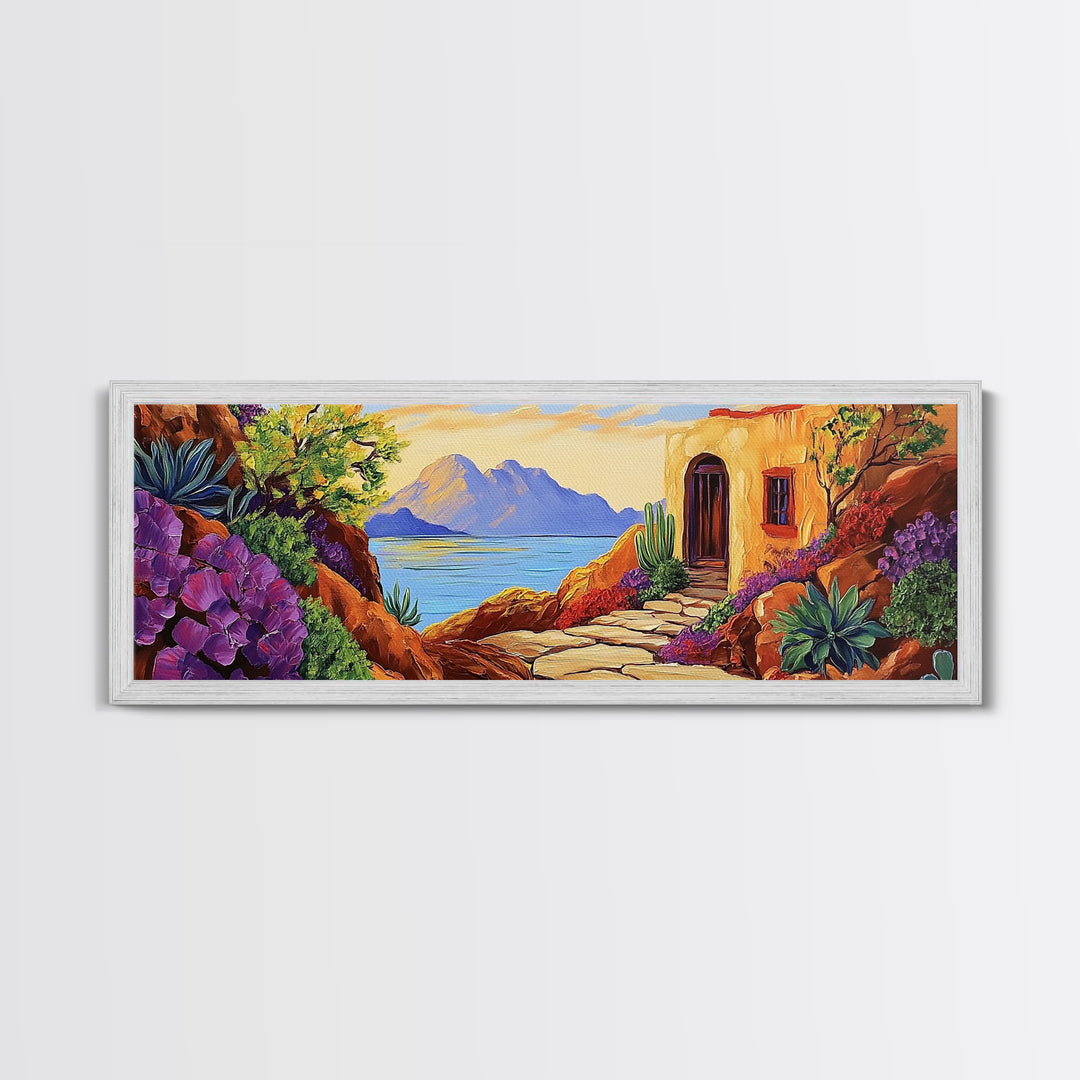 Adobe House View, Desert Coastal Path, Southwest Landscape, Mountain Ocean Art, Canvas Print, Kitchen Wall Art, Warm Boho Style