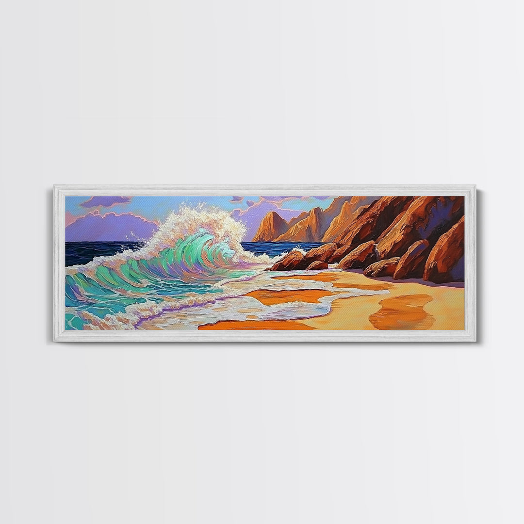 Crashing Wave, Coastal Shore, Sunset Beach, Framed Canvas Print, Ocean Wall Art, Beach Decor, Vibrant Surf Painting, Bathroom Art