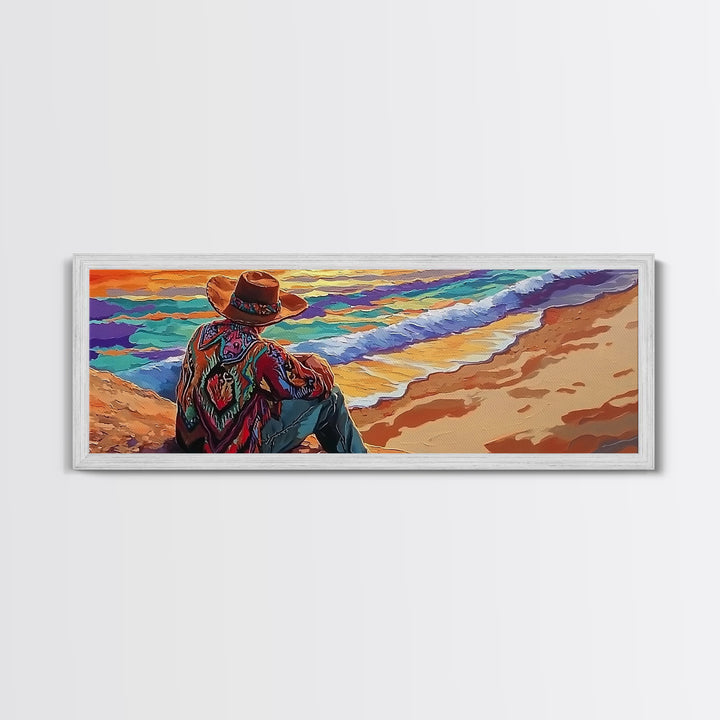 Coastal Cowboy, Ocean View, Serene Sunset, Western Art, Canvas Print, Living Room Wall Art, Southwestern Vibes, Beach Cowboy Scene