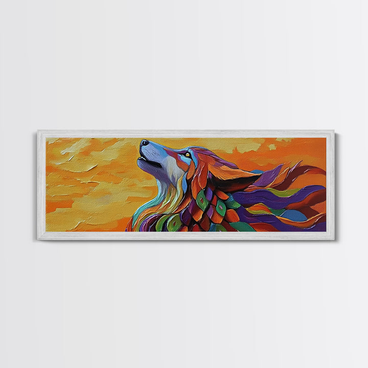 Colorful Wolf, Spirit Animal, Autumn Sky, Boho Vibes, Framed Canvas Print, Eclectic Wall Art, Bedroom Accent, Mystical Animal Painting