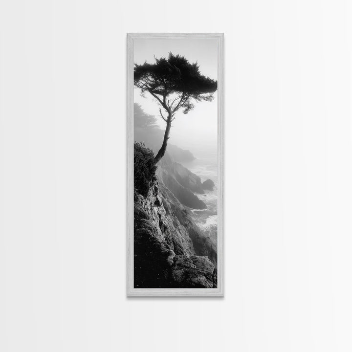 Coastal Tree, Cliff View, Ocean Mist, Moody Landscape, Canvas Print, Serene Bedroom Art, Monochrome Nature Photography Style