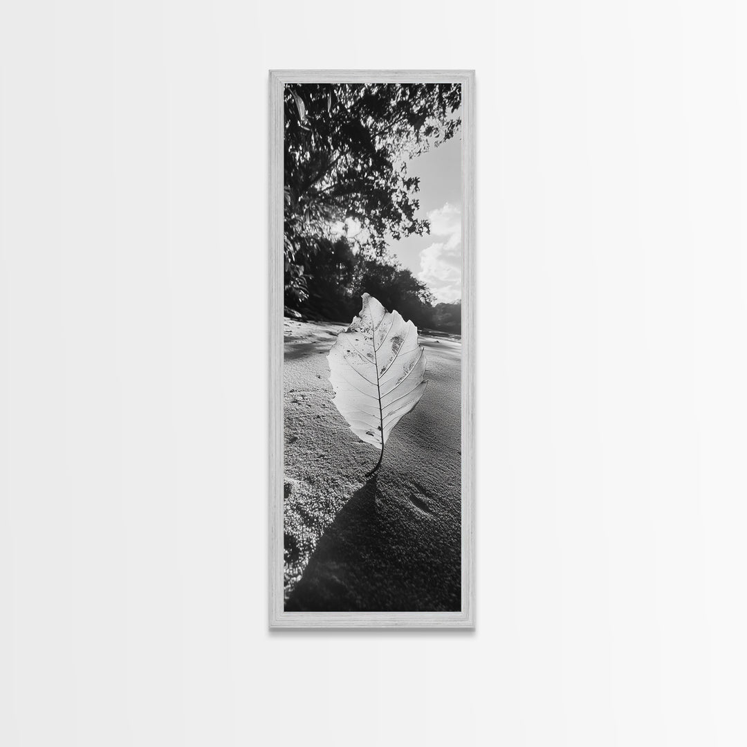 Autumn Leaf Beach, Fall Nature Scene, Minimal Wall Decor, Framed Canvas Print, Seasonal Bedroom Art, Black and White Photography