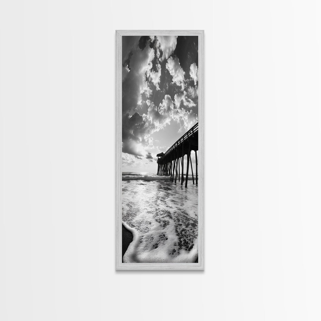 Pier at Sunrise, Ocean Horizon Print, Seascape Photography, Framed Canvas Print, Coastal Bathroom Wall Art, Nautical Theme Decor