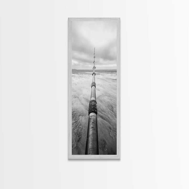 Pipeline Perspective, Industrial Seascape, Grunge Aesthetic, Framed Canvas Print, Coastal industrial art, Minimalist hallway decor, Monochrome print