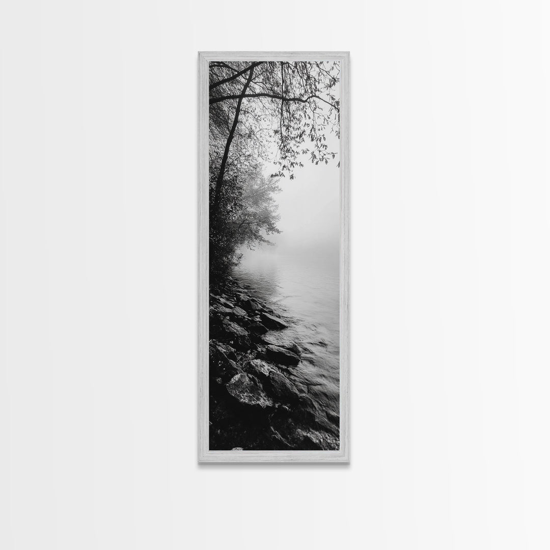 Lakeside Mist, Rocky Shoreline, Tranquil Forest, Framed Canvas Print, Peaceful woodland wall art, Fall neutral decor, Nature themed office print