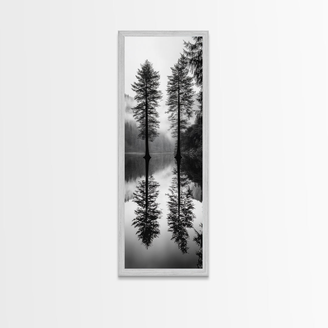 Twin Pines, Forest Reflection, Misty Lake, Black and White Nature, Framed Canvas Print, Living Room Wall Art, Nature Photography, Zen Decor