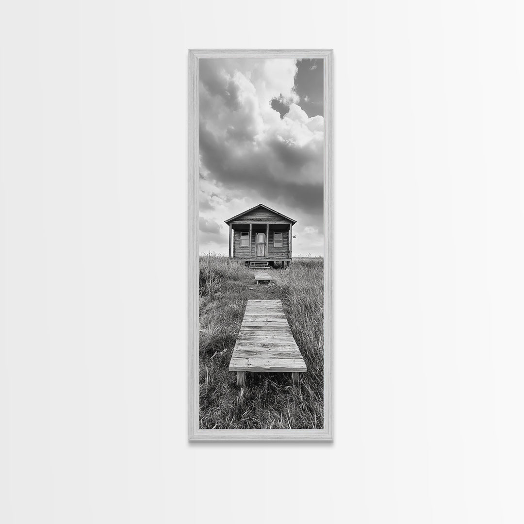 Rustic Cabin, Country Path, Prairie Landscape, Black and White Photo, Framed Canvas Print, Farmhouse Wall Art, Autumn Decor, Nature Style