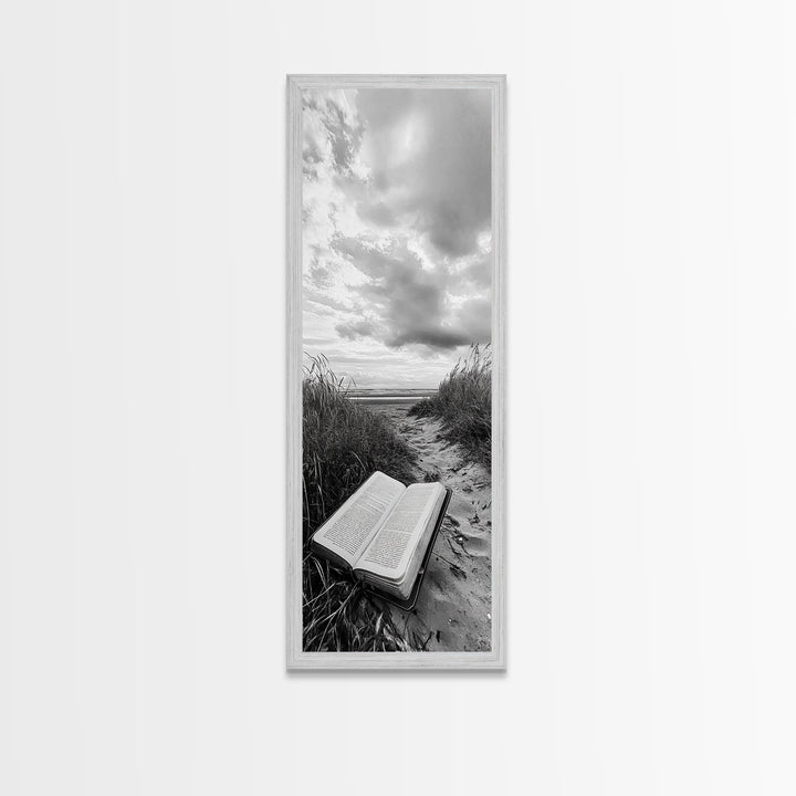 Bible on Beach, Spiritual Escape, Coastal Tranquility, Nature Meditation, Canvas Print, Faith Wall Art, Office Decor, Minimalist Art