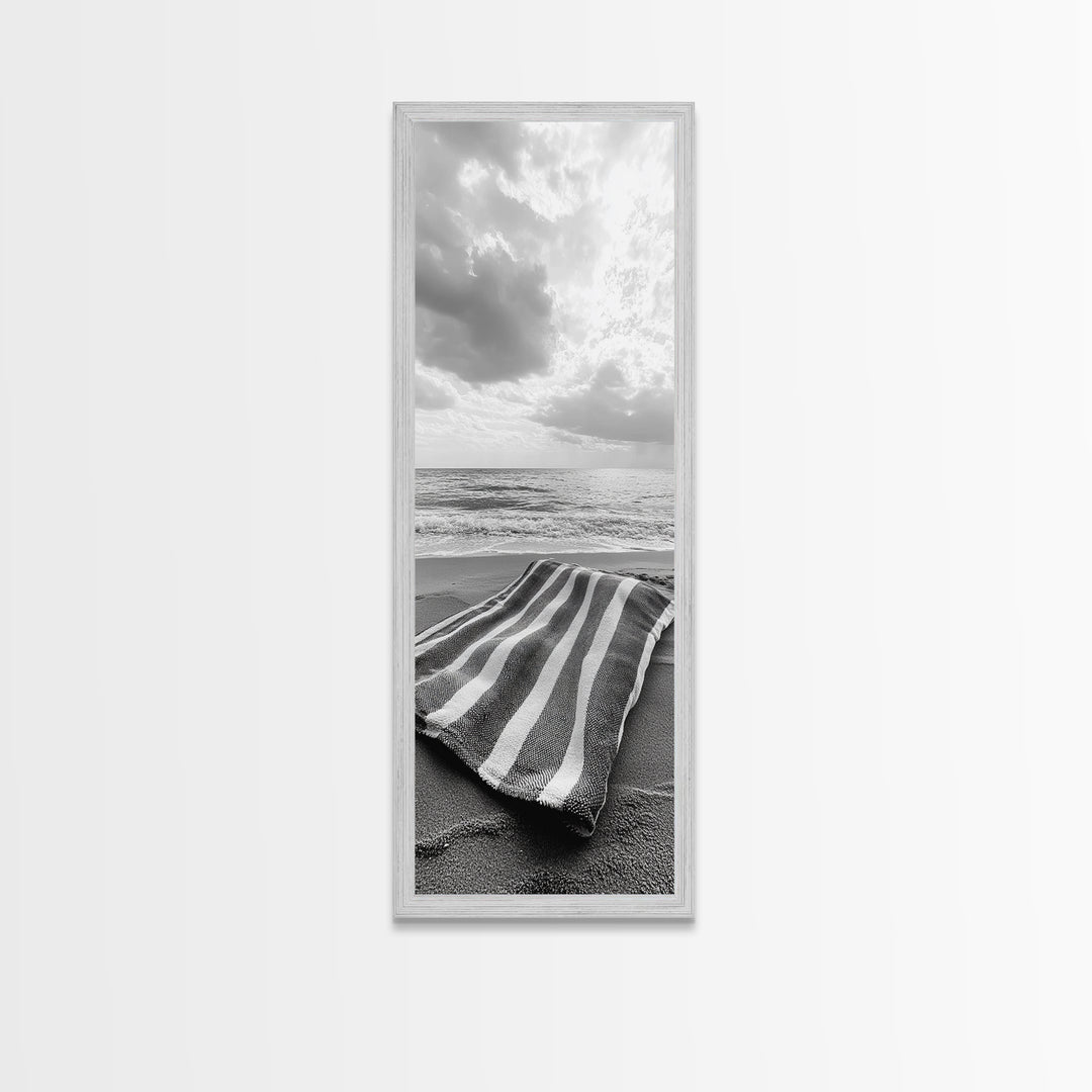 Beach Towel View, Ocean Breeze, Seaside Calm, Striped Blanket, Relaxation Mood, Framed Canvas Print, Bathroom Wall Art, Minimalist Coastal Art