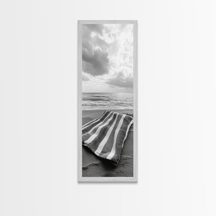 Beach Towel View, Ocean Breeze, Seaside Calm, Striped Blanket, Relaxation Mood, Framed Canvas Print, Bathroom Wall Art, Minimalist Coastal Art