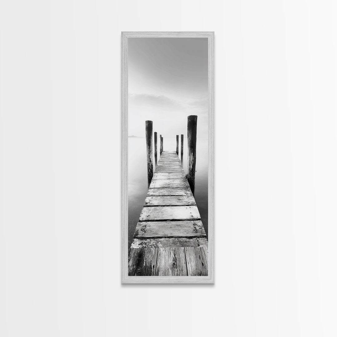 Rustic Dock, Peaceful Lake, Minimal Landscape, Black and White Art, Canvas Print, Tranquil Nature Scene, Entryway Art, Bedroom Wall Art