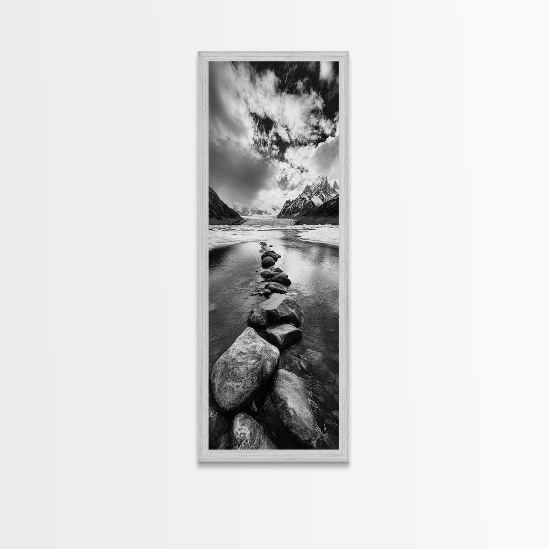 Mountain Stream, Stone Path, Black and White Nature, Scenic Landscape, Framed Canvas Print, Modern Cabin or Rustic Wall Decor, Office Art