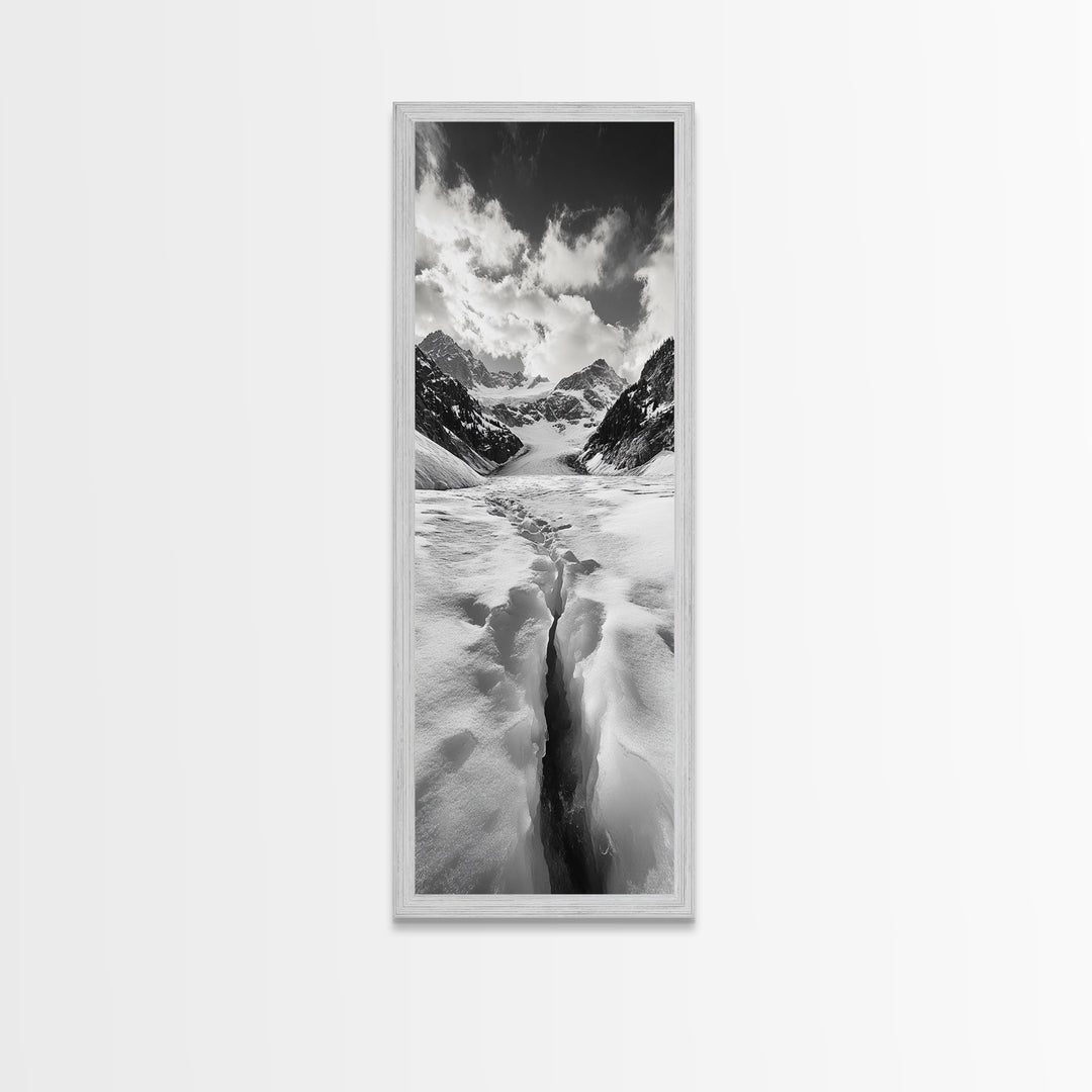 Glacier Trail, Snowy Valley, Black and White Mountain Art, Crevasse Texture, Canvas Print, Winter Landscape, Office Print, Entry Wall Art