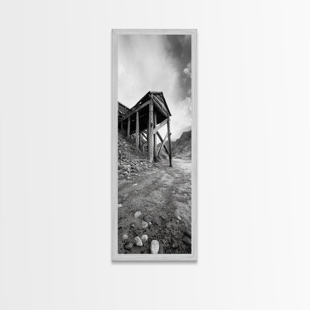 Abandoned Mine, Wooden Structure, Desert Scene, Western Vibes, Black and White Canvas Print, Industrial Rustic Living Room Wall Art