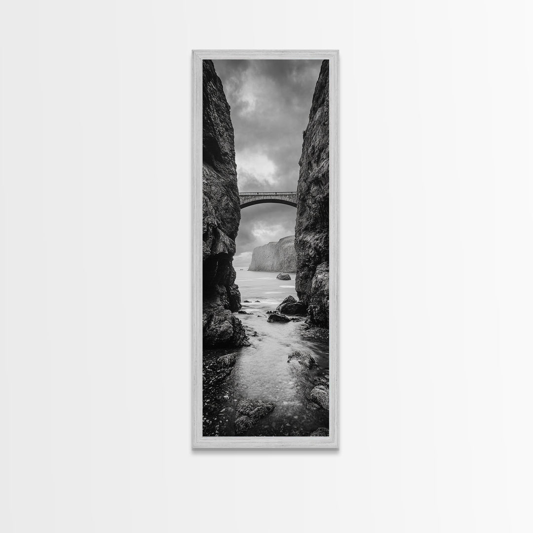 Sea Arch, Cliff Bridge, Coastal Landscape, Dramatic Ocean View, Black and White Framed Canvas Print, Bathroom Art, Hallway Wall Art