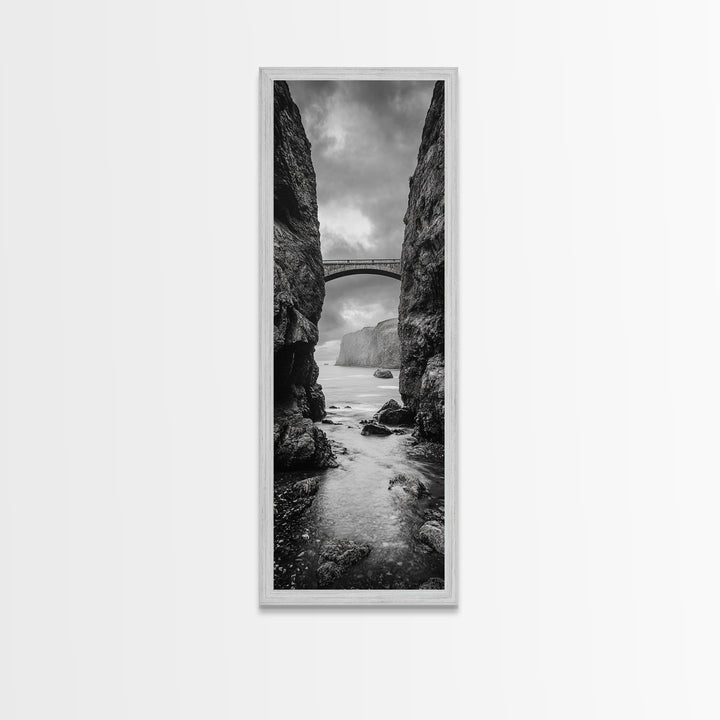 Sea Arch, Cliff Bridge, Coastal Landscape, Dramatic Ocean View, Black and White Framed Canvas Print, Bathroom Art, Hallway Wall Art