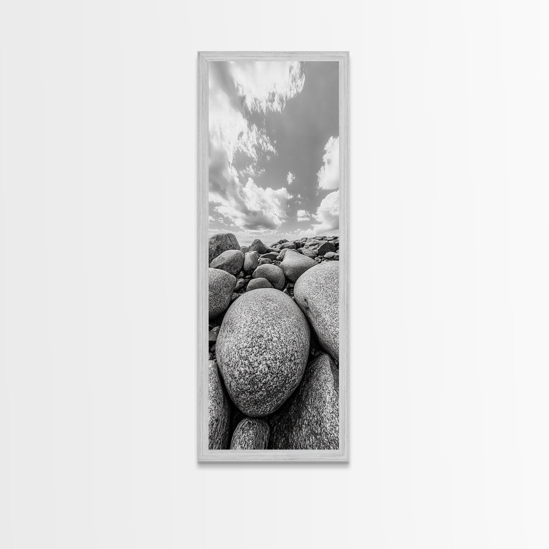 Granite Boulders, Coastal Rocks, Ocean Horizon, Dramatic Clouds, Framed Canvas Print, Nature Wall Art, Modern Beach House Decor