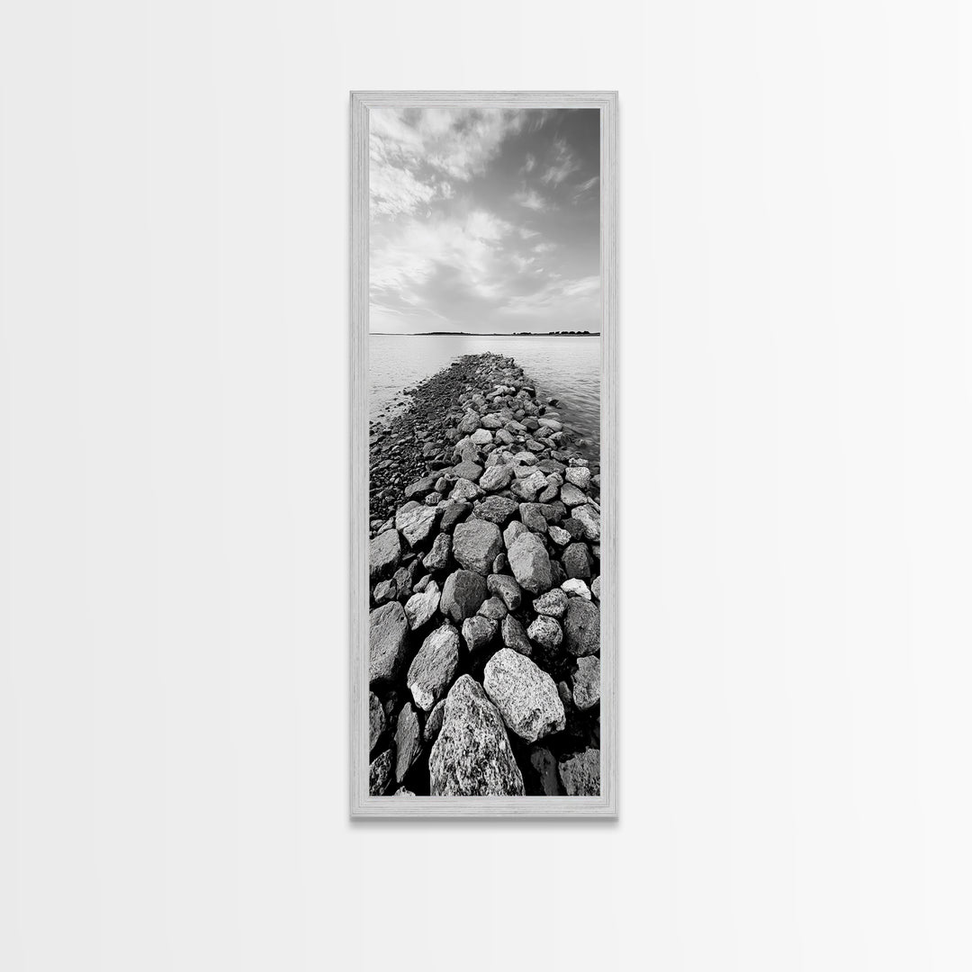 Rocky Jetty, Ocean Horizon, Black and White Seascape, Minimalist Nature, Canvas Print, Neutral Wall Decor, Office Wall Art, Hallway Decor