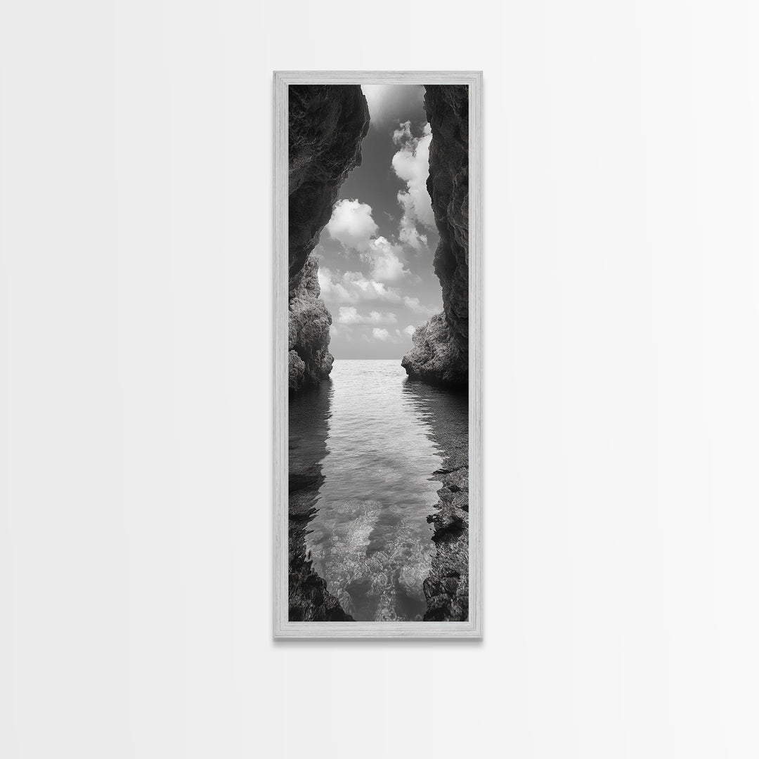 Ocean Cave, Tranquil Waters, Cloudy Sky, Coastal Wall Art, Canvas Print, Black and White Nature Decor, Modern Beach House Wall Art